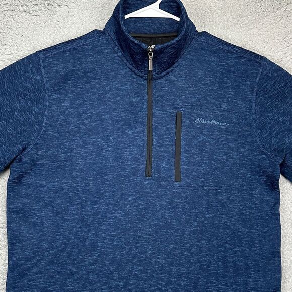 Eddie‎ Bauer Fleece Pullover Sweater Adult Large Navy Blue Quarter Zip Knit Mens - Picture 1 of 11